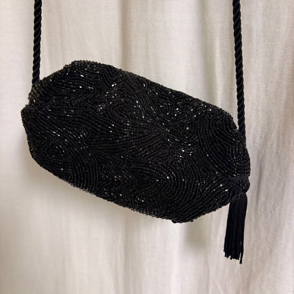 Black Beaded Evening Bag Y2K Goth Glam Formal Clutch w/ Tassel Strap